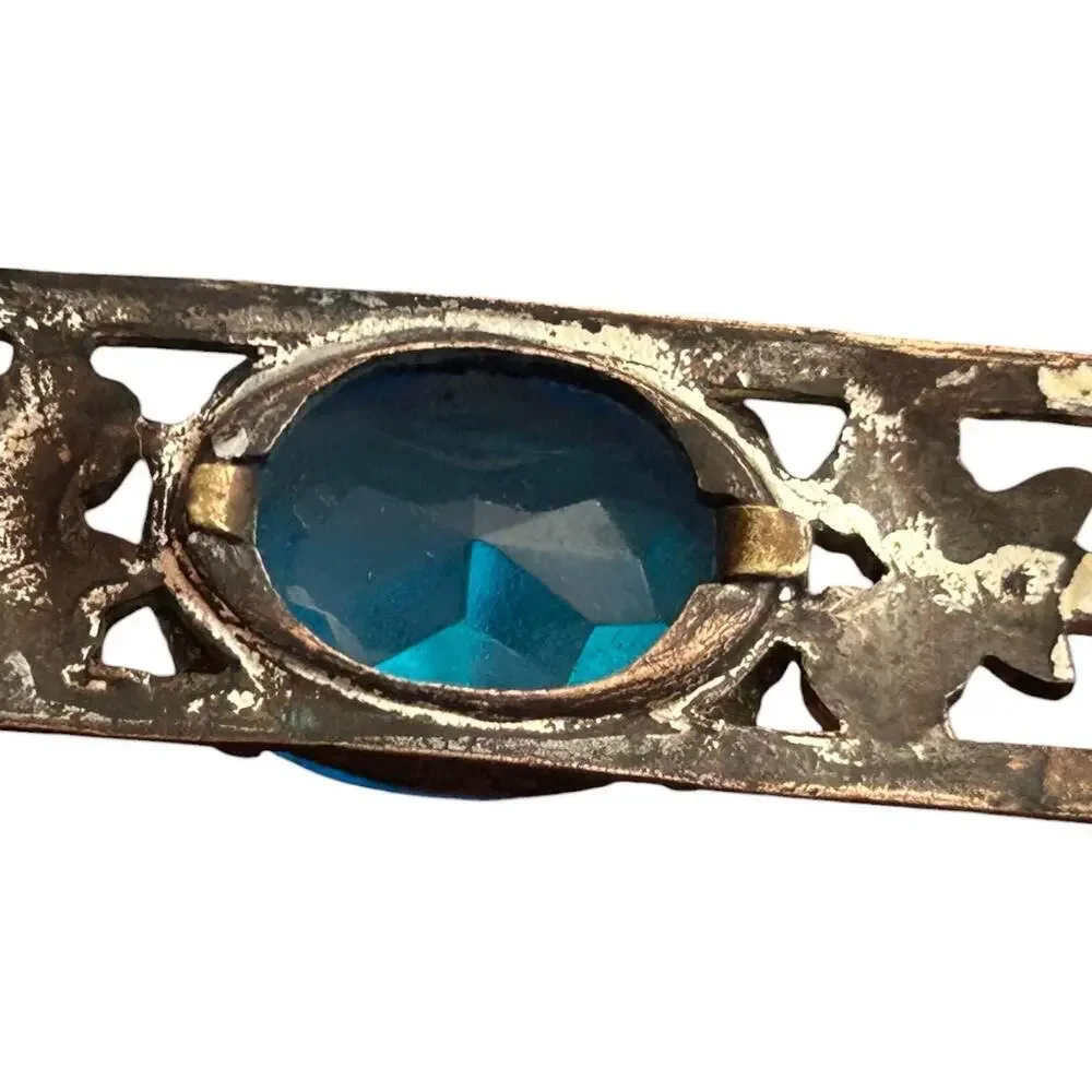 Art Deco Cobalt Blue Glass and Floral Enamel Bar Pin